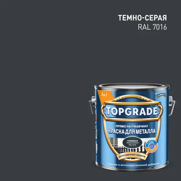 Грунт-эмаль по металлу 3 в 1 Topgrade гладкая цвет темно-серый 2 л