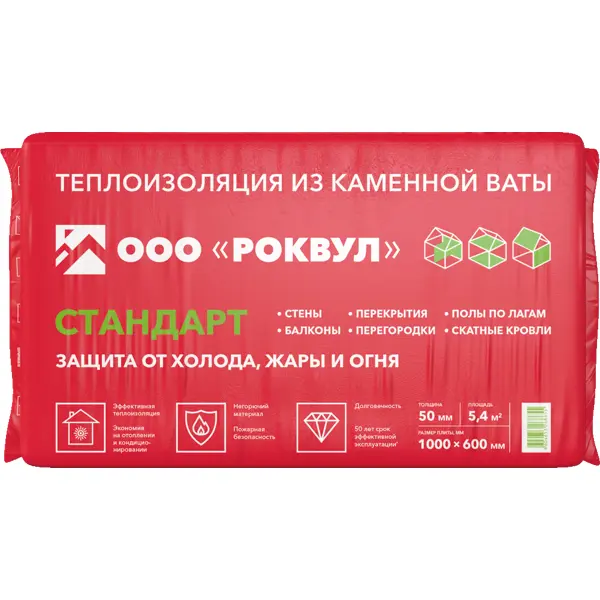 Утеплитель Роквул Стандарт 50 мм 9 шт 600x1000 мм 5.4 м²