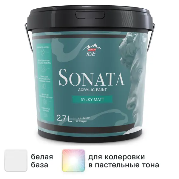 Краска для стен и потолков Parade Sonata Silky Matt моющаяся шелковисто-матовая цвет белый база А 2.7 л